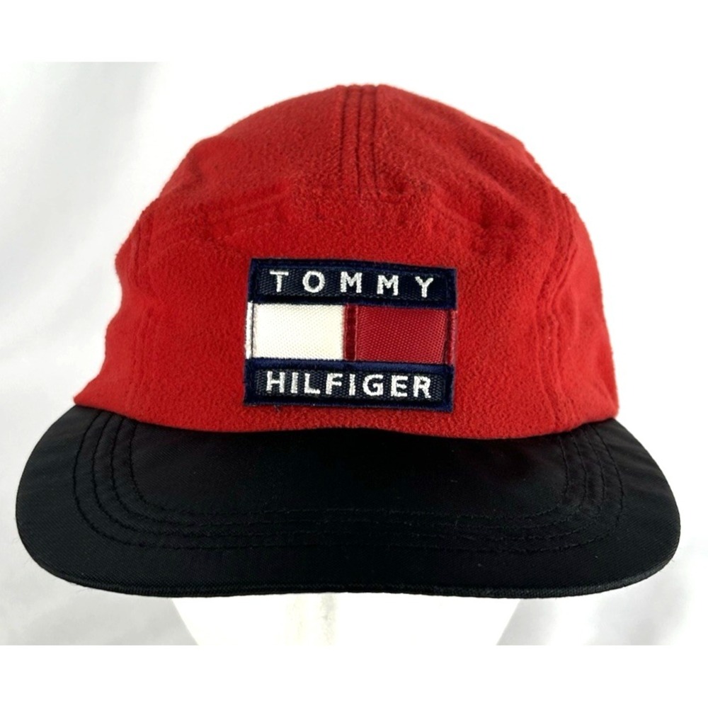 Vintage 90s Tommy Hilfiger Red Fleece 5 Panel Strapback Buckle Hat Cap Flag